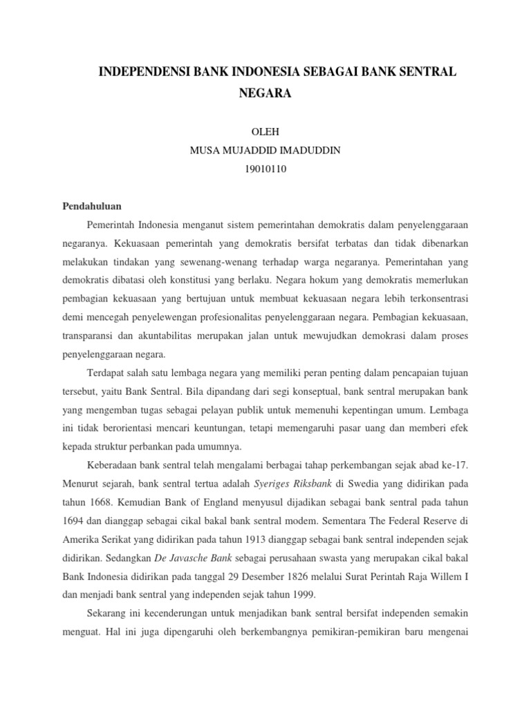 Independensi Bank Indonesia Sebagai Bank Sentral