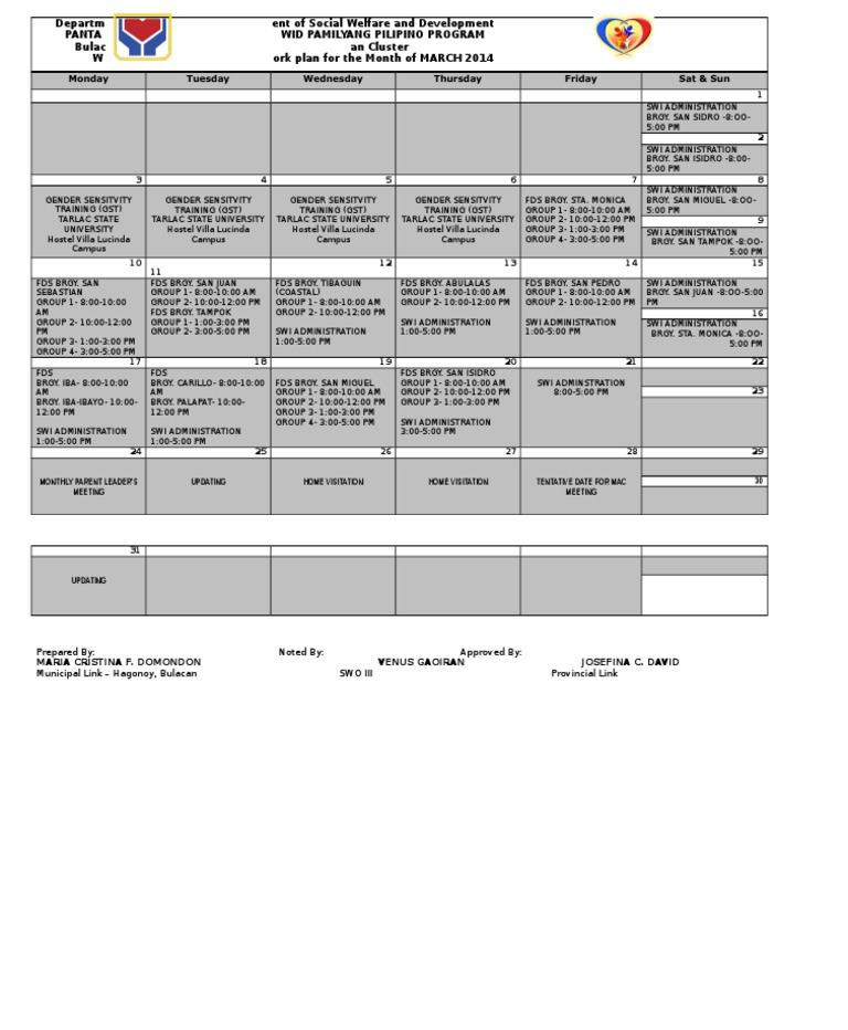 March 2014 Work Plan for DSWD Bulacan | PDF | Social Science