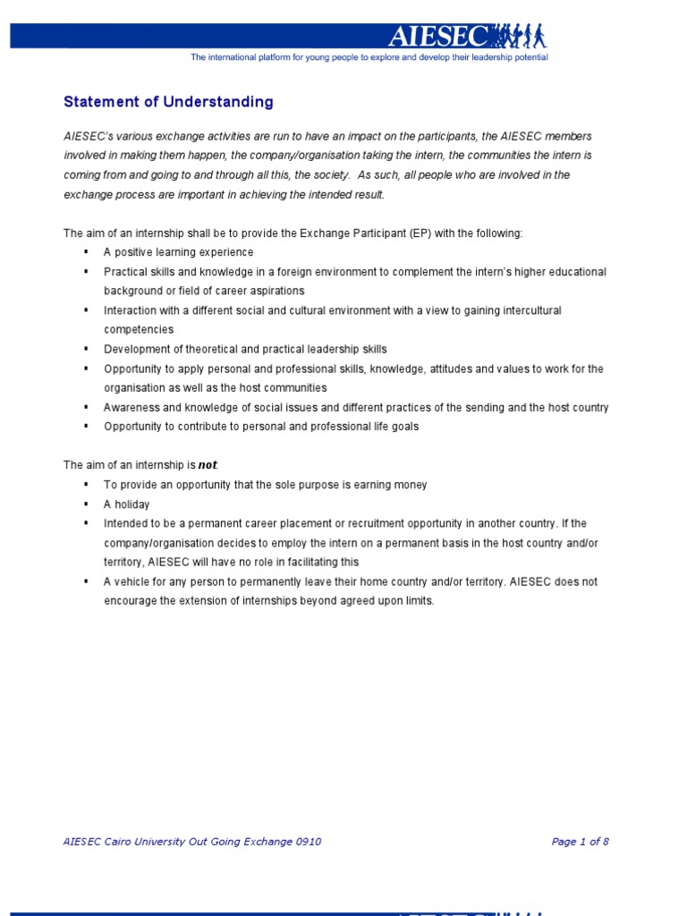 Statement of Understanding PDF Internship Job Hunting