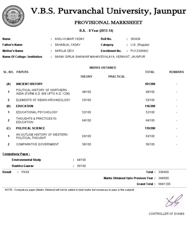 VBSPU B.A. II Year Result 2013-14 | PDF | Psychology | Academia