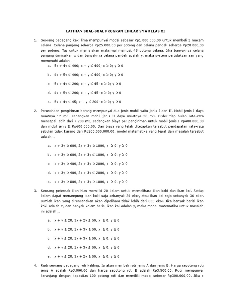 Latihan Soal Program Linear Sma Kelas Xi