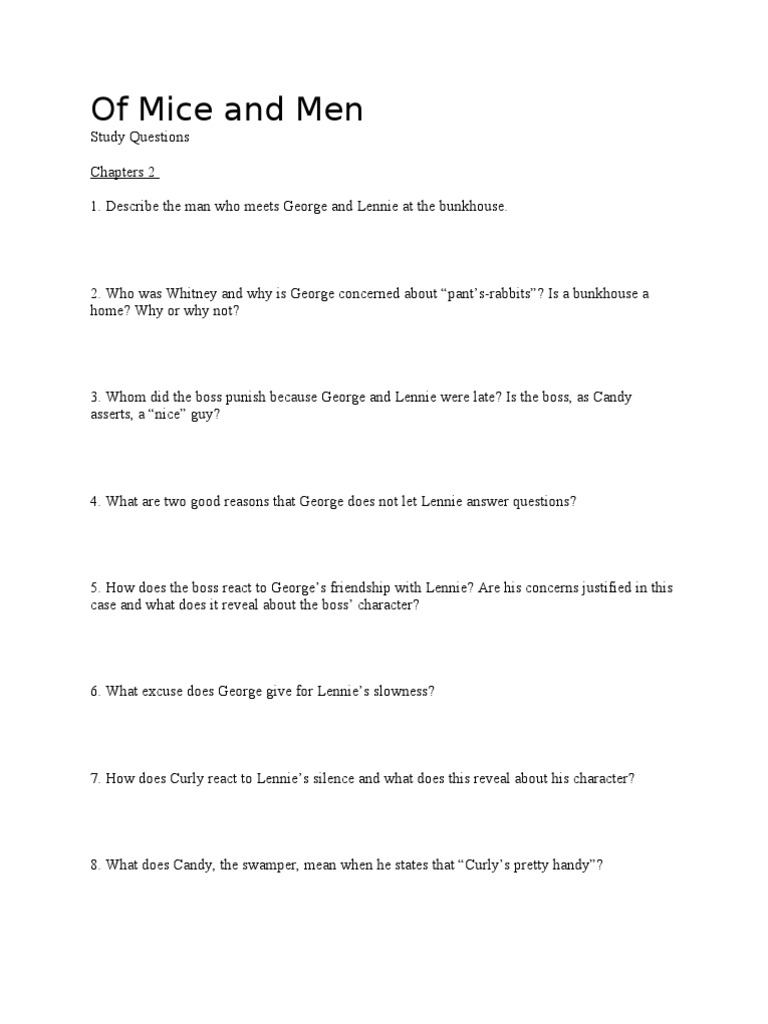 Chapter 2 Study Questions for "Of Mice and Men" | PDF