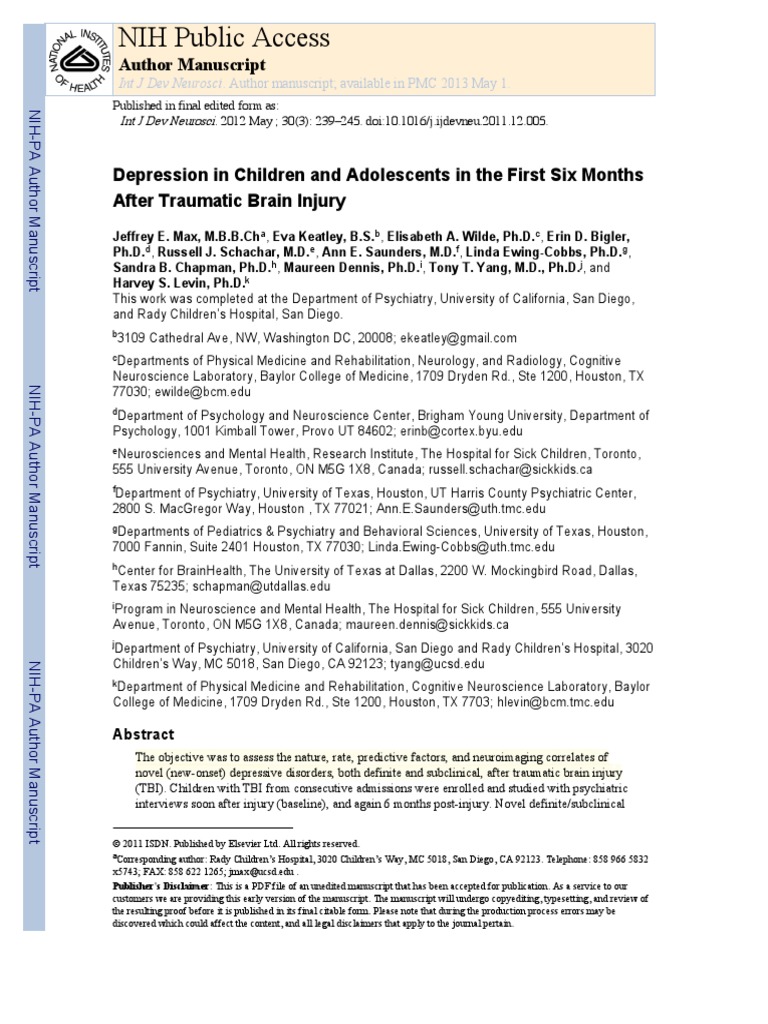 Depression After Brain Injury | PDF | Major Depressive Disorder ...