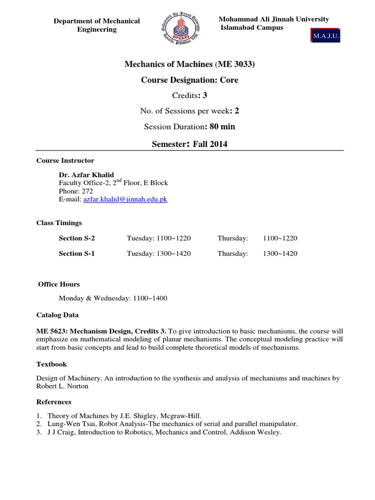 Course Outline Mechanics Machines ME3033 Kinematics Engineering