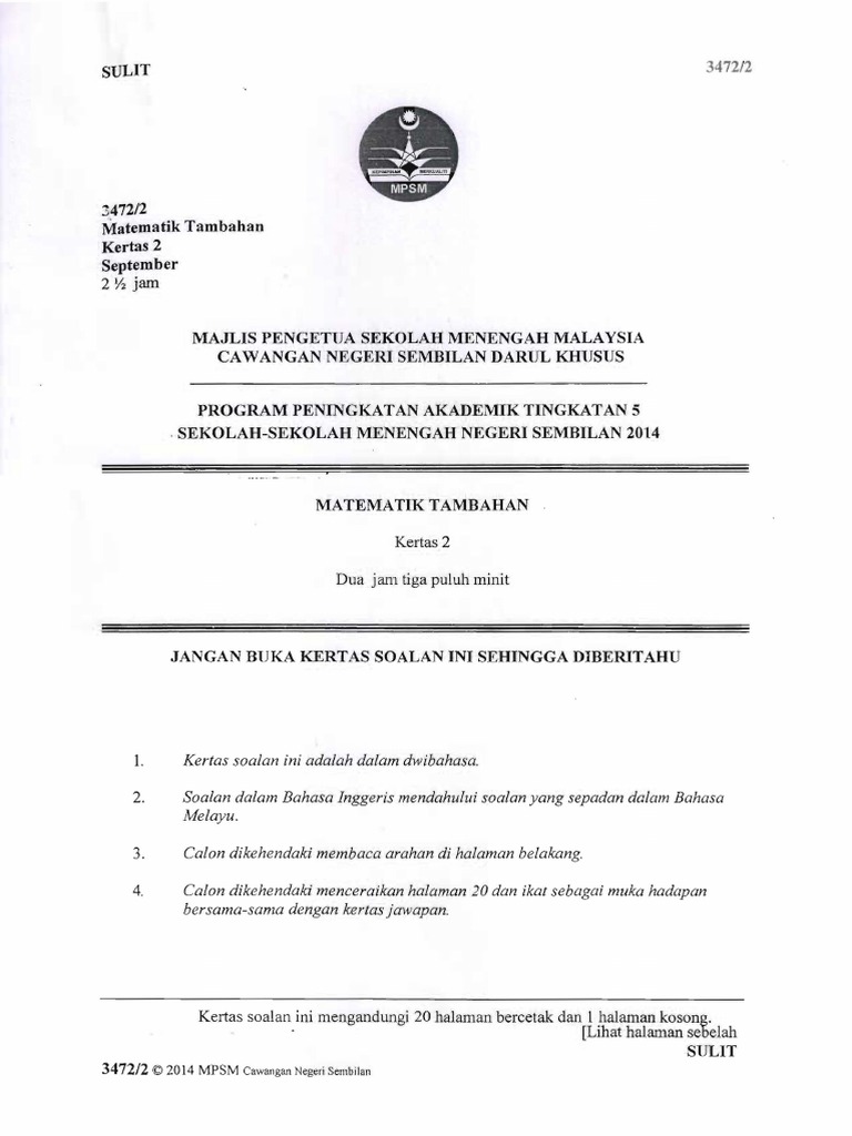 Trial N. Sembilan 2014 SPM Add Math K2 dan Skema [SCAN]