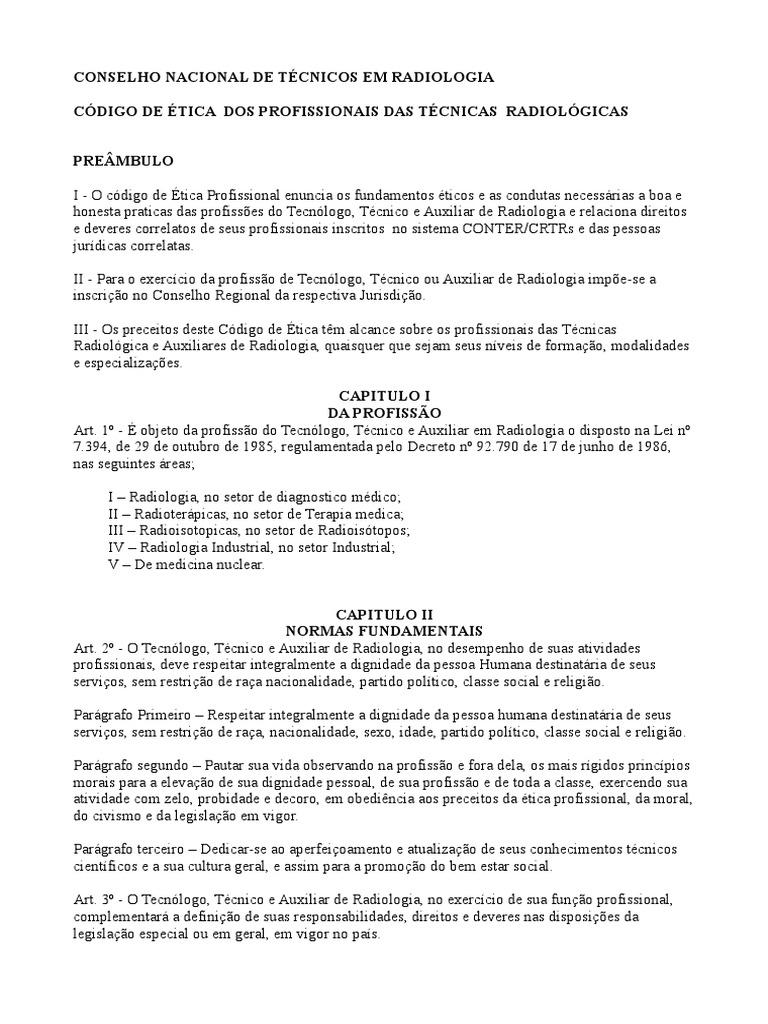 Código De ética Dos Profissionais Das Técnicas Radiológicas