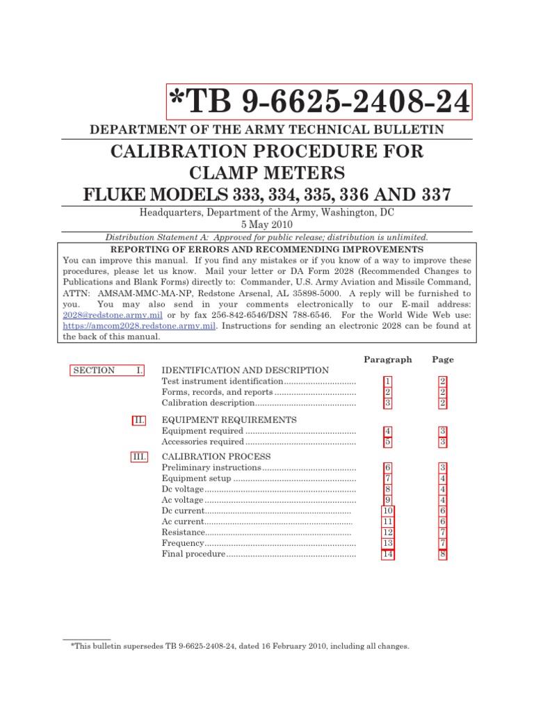 Calibration Procedure for Clamp Meters Fluke Models 333, 334, 335, 336