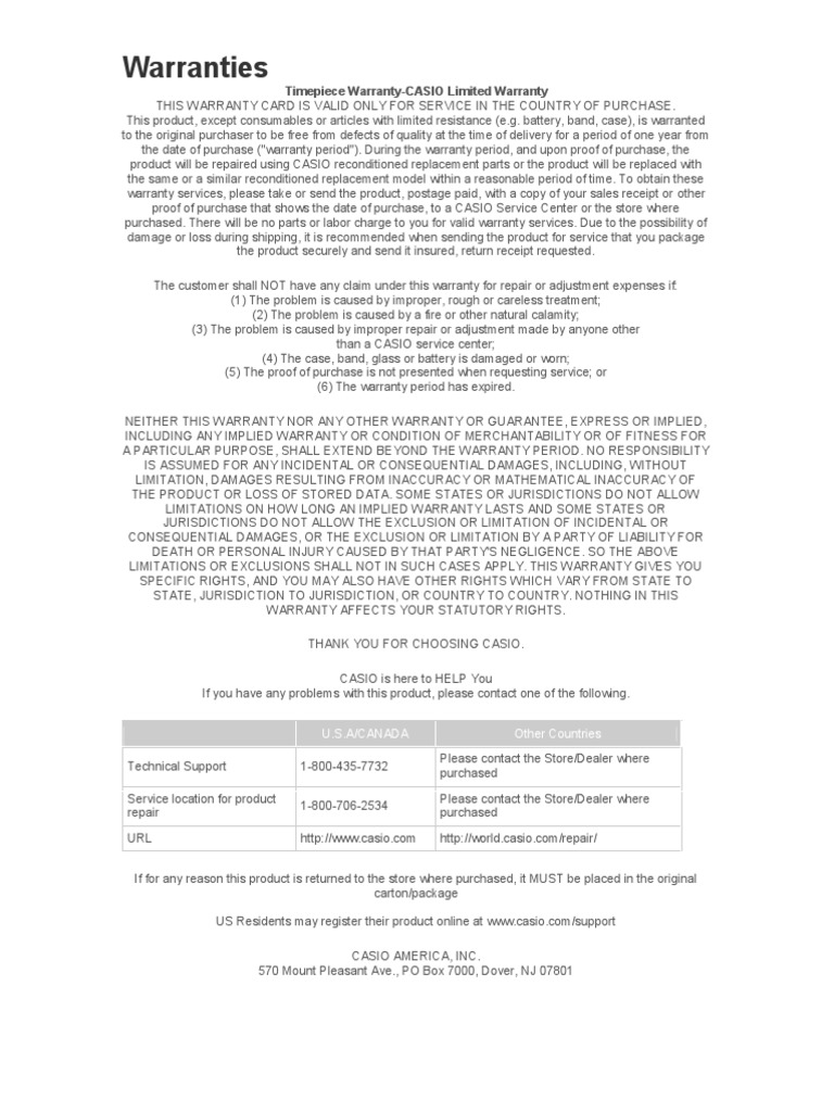 Warranties Timepiece WarrantyCASIO Limited Warranty PDF Private