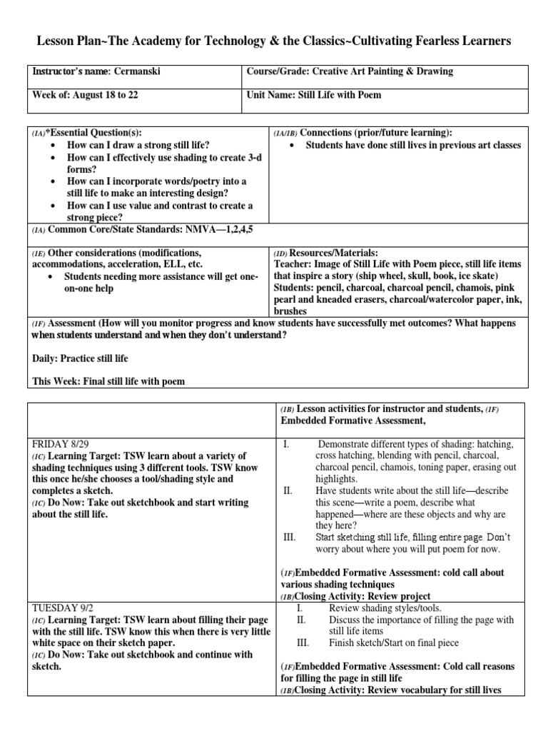 Still Life Art Lesson Plan | PDF | Educational Assessment | Teaching