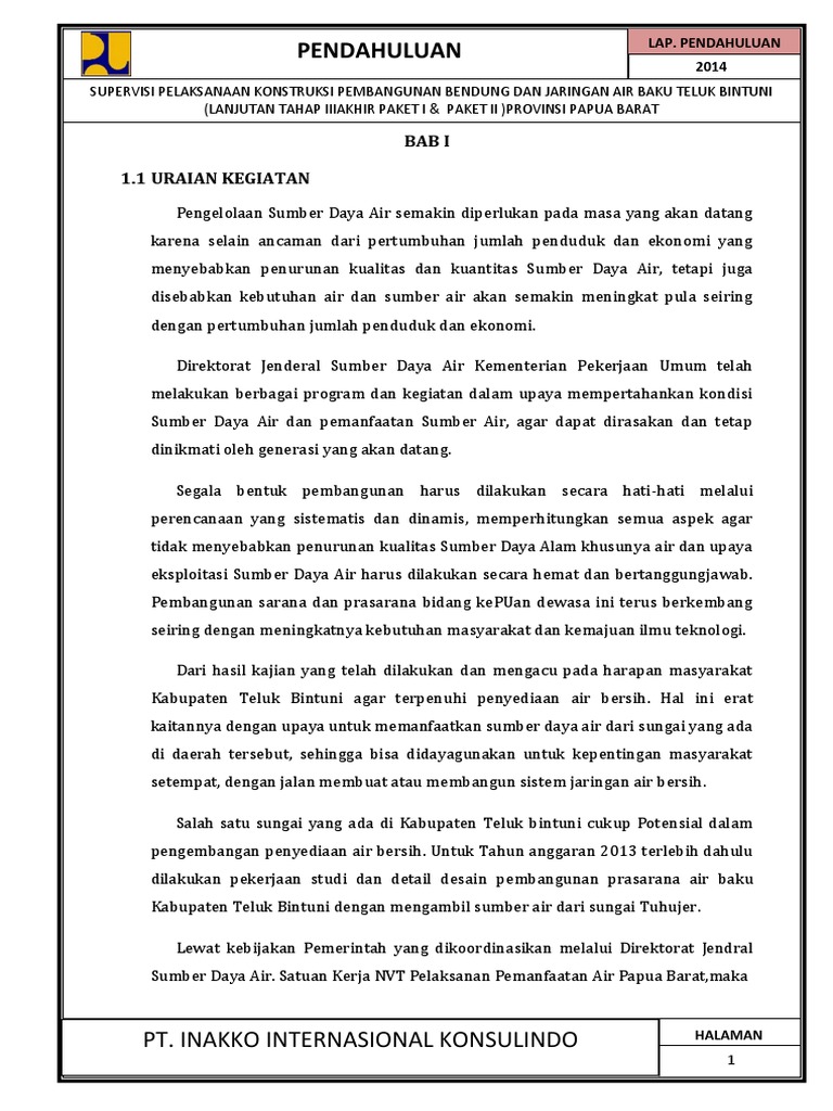 Laporan Pendahuluan Konsultan (Supervisi Bintuni) PDF