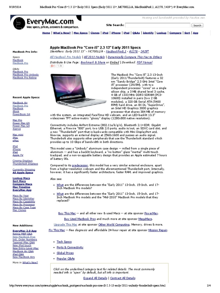 Early 11 Macbook Pro Specs Macintosh Airport