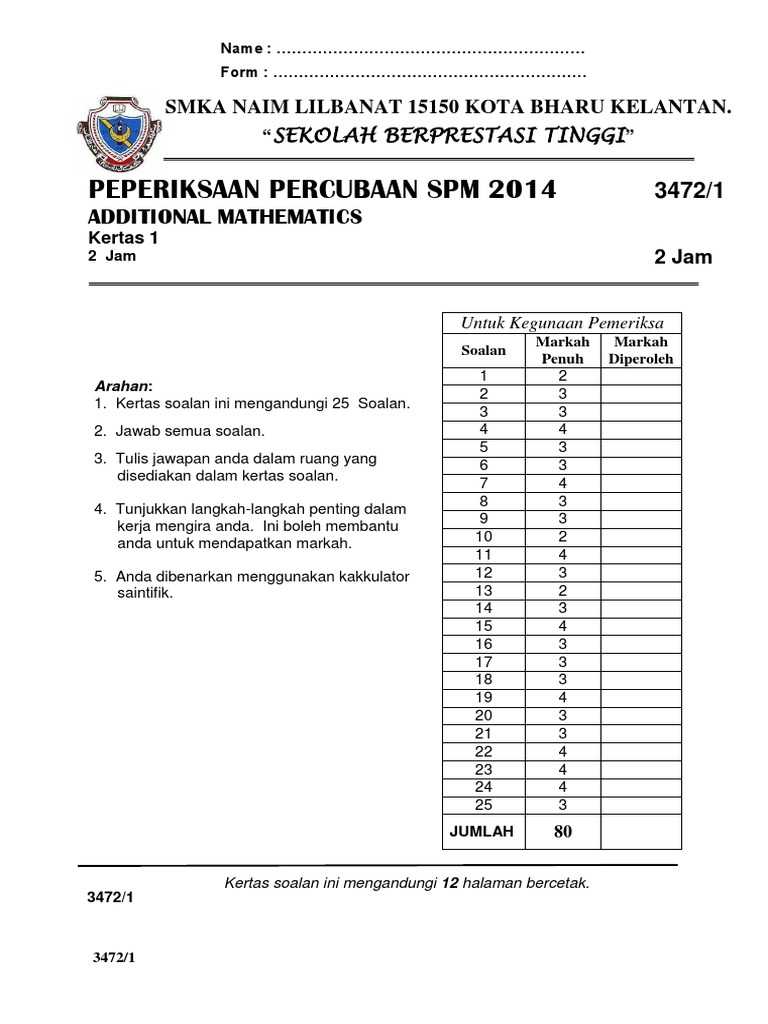 Peperiksaan Percubaan SPM Matematik Tambahan | PDF