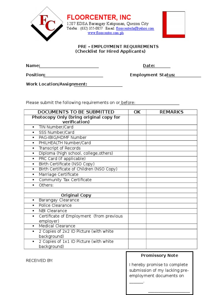 Pre Employment Requirements PDF