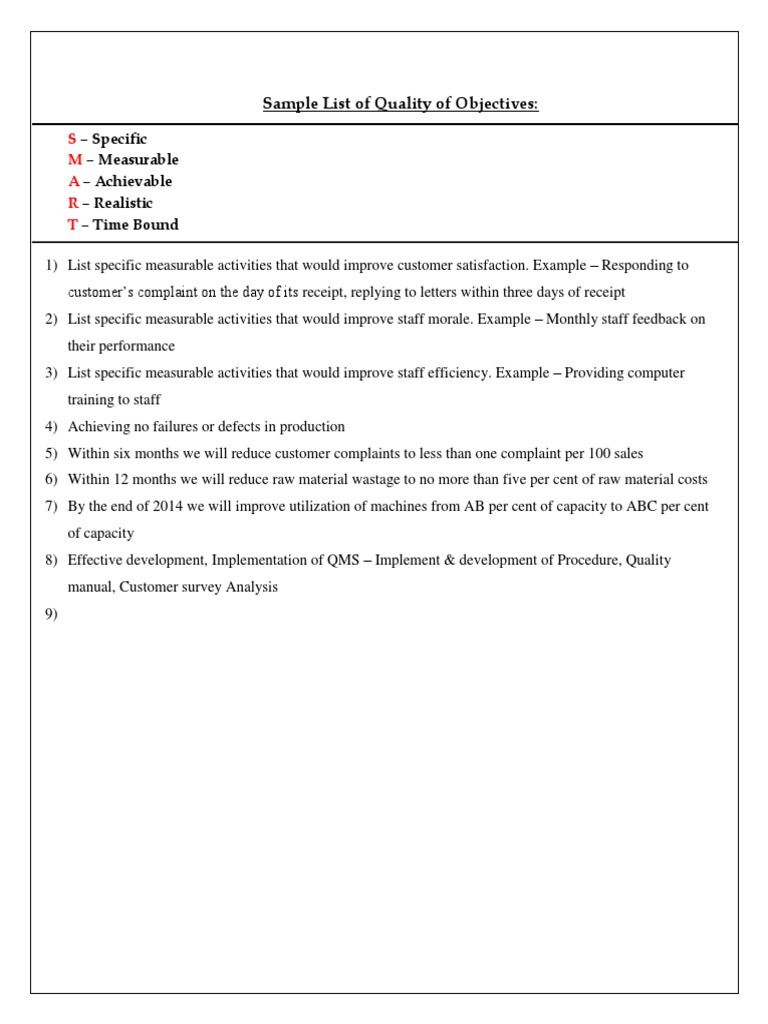 Sample List of Quality of Objectives
