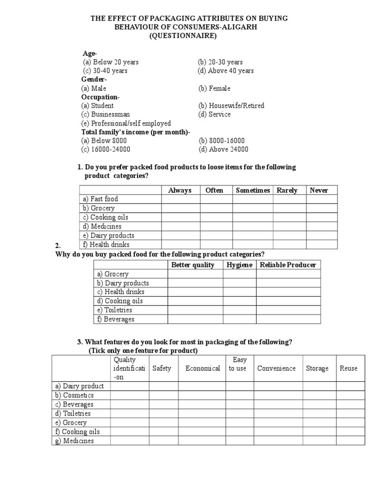 Questionnaire On Packaging PDF Survey Methodology Psychometrics