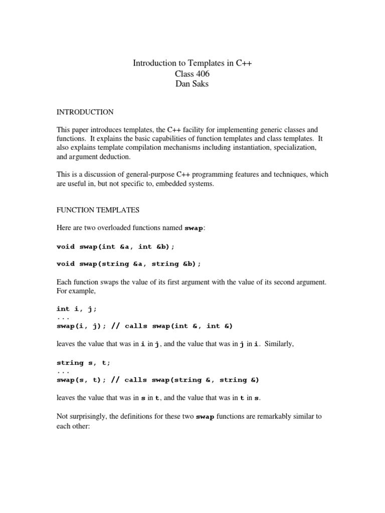 Introduction To Templates in C++ | PDF | C++ | Parameter (Computer ...
