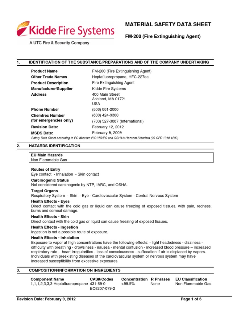 MSDS FM200 Dangerous Goods Oxygen