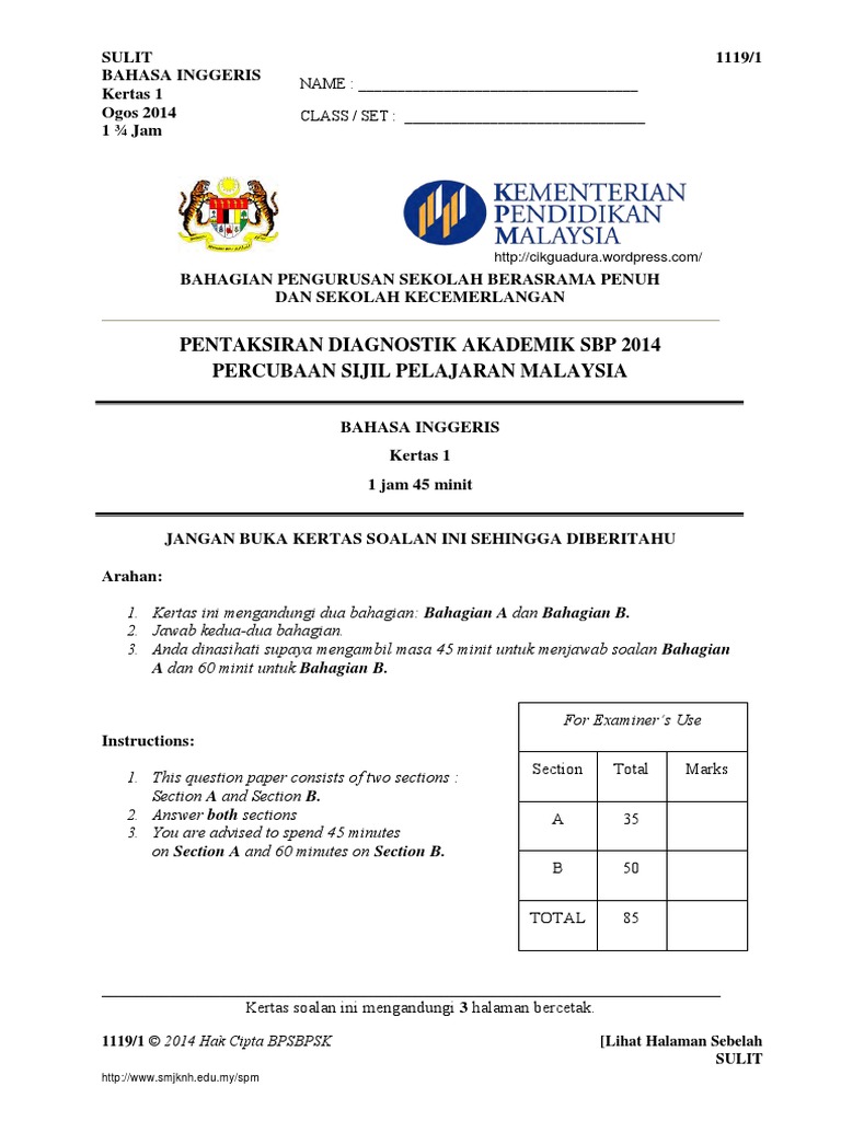 2014 SBP spm trial paper BI  1  Statistics Of Education