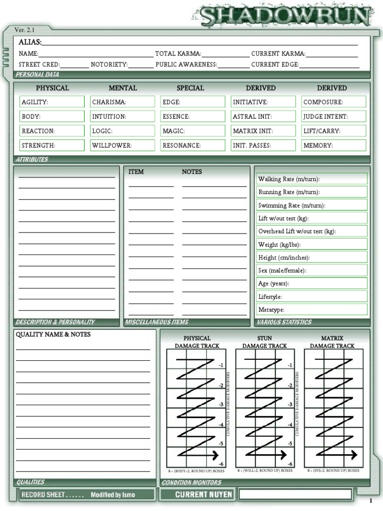 Shadowrun 4th Edition - Expanded Character Record Sheet | PDF ...
