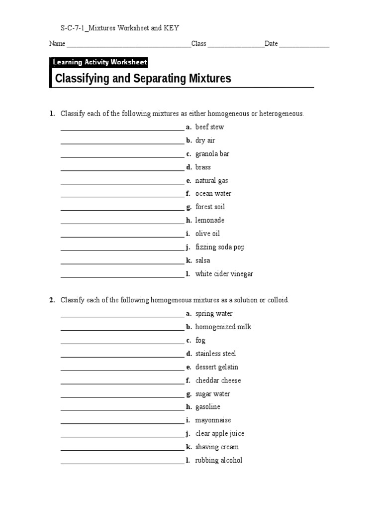 S C 20 20 - Mixtures Worksheet and KEY  PDF  Solution  Mixture Within Separation Of Mixtures Worksheet