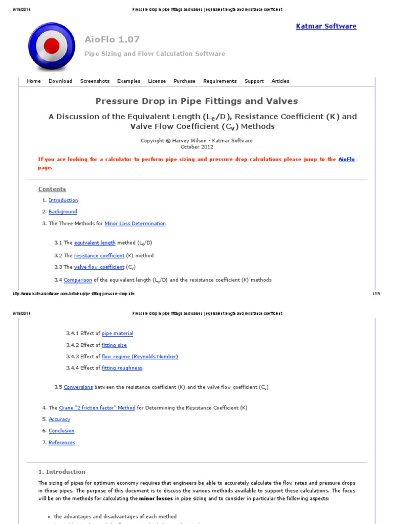 Pressure Drop in Pipe Fittings and Valves Equivalent Length and
