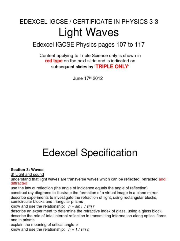 Edexcel IGCSE Physics: Light Waves Guide | PDF | Refraction | Prism