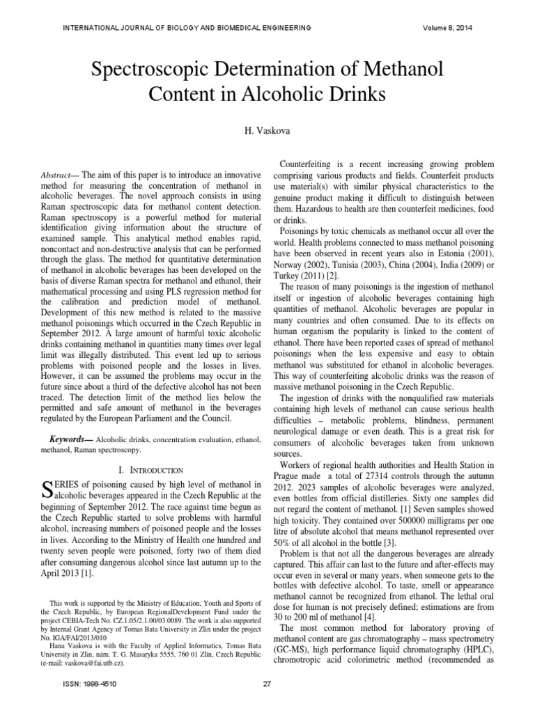 Spectroscopic Determination of Methanol Content in Alcoholic Drinks