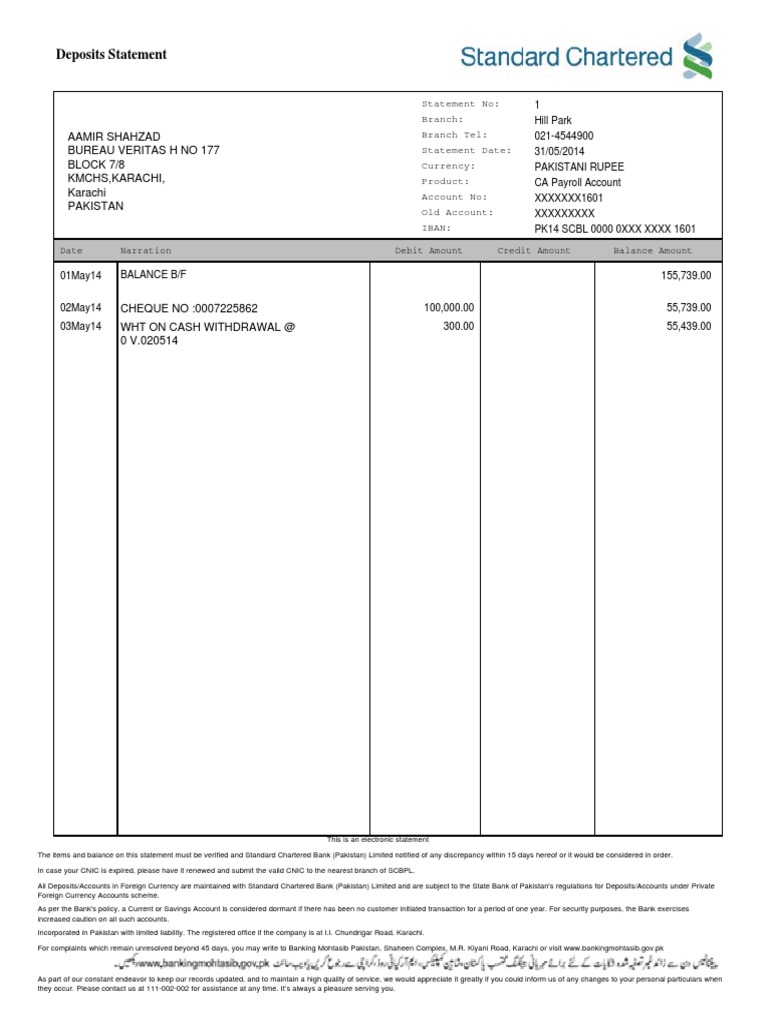 Standard Chartered Deposit Statement | PDF