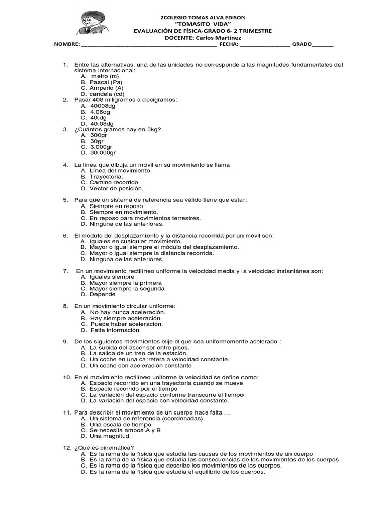 Evaluacion Fisica Grado Sexto Movimiento (física) Velocidad