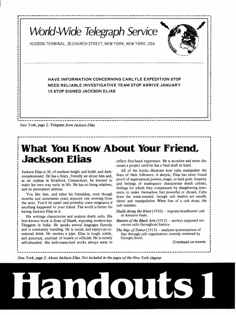 Masks of Nyarlathotep Handouts PDF