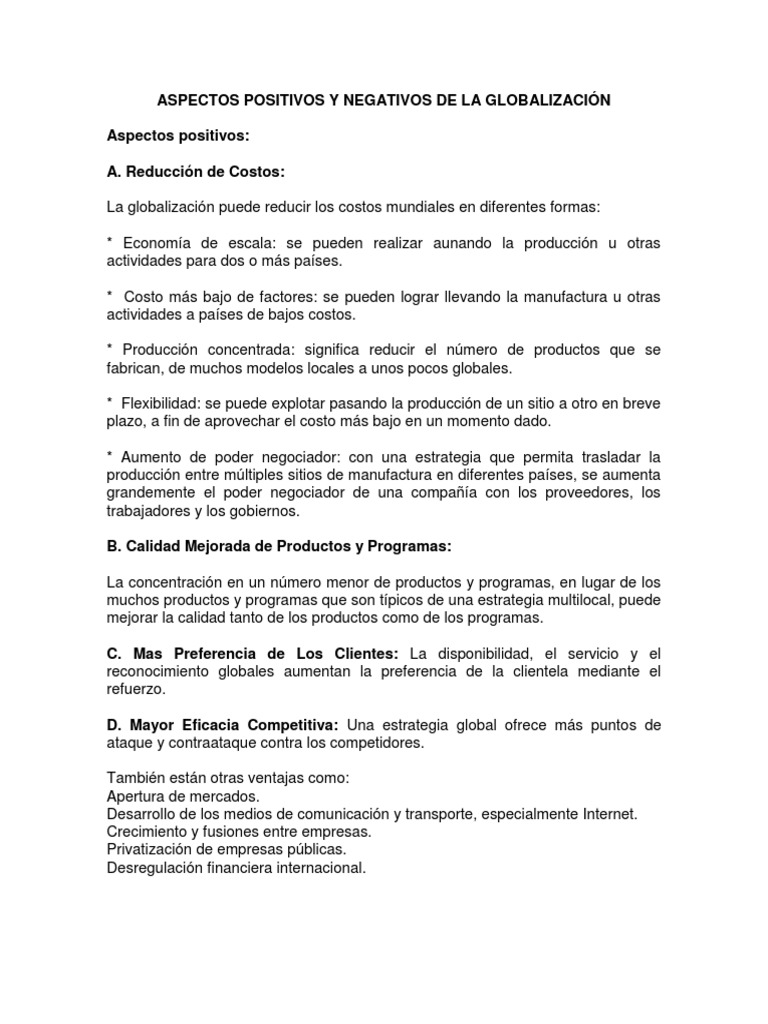 Aspectos Positivos y Negativos de la Globalización | PDF ...