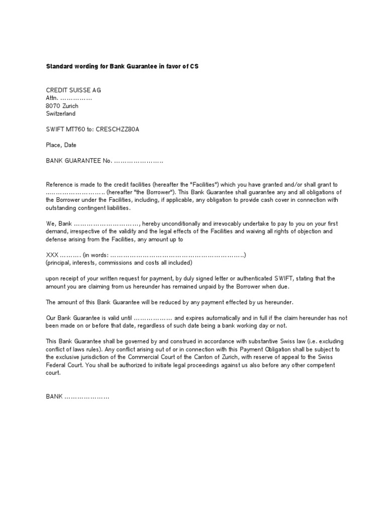 Standard Wording for Bank Guarantee in Favor of CS CREDIT