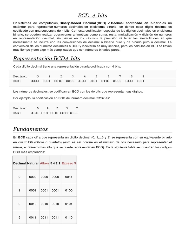 BCD: Representación en 4 Bits | PDF | Decimal codificado en binario ...
