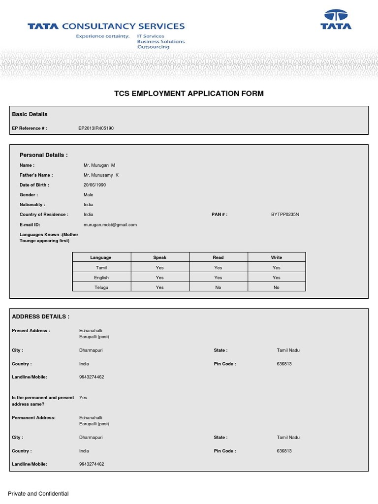 Tcs Employment Application Form: Basic Details | PDF | Background Check ...