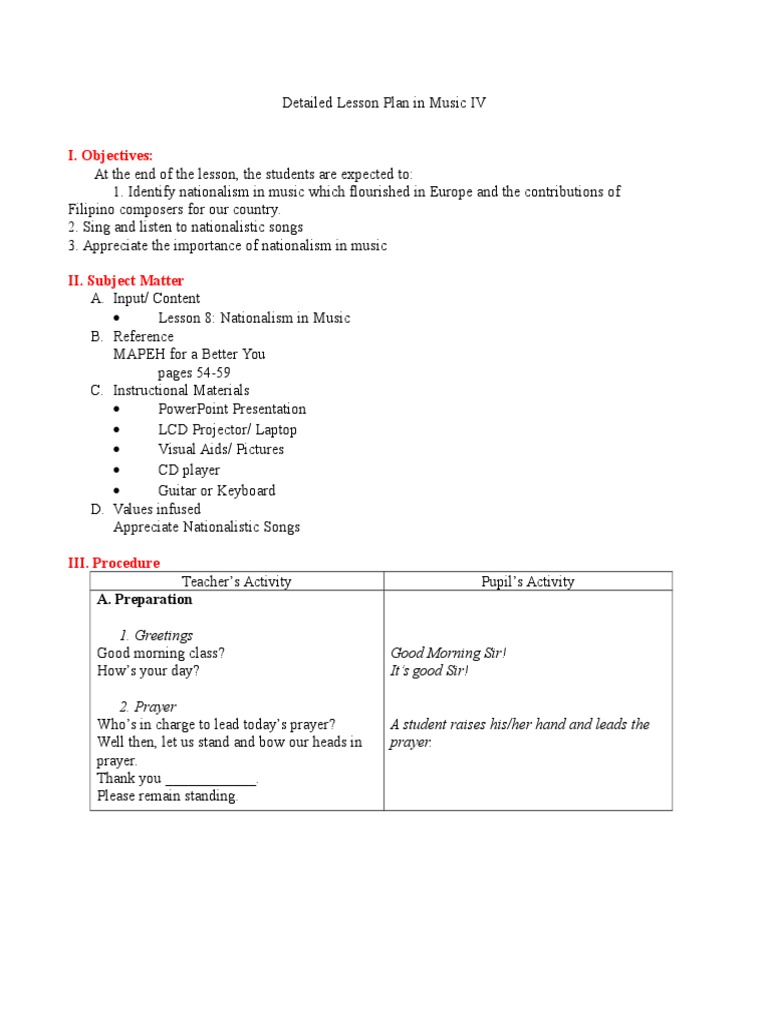 Detailed Lesson Plan in Music Performing Arts Cognition
