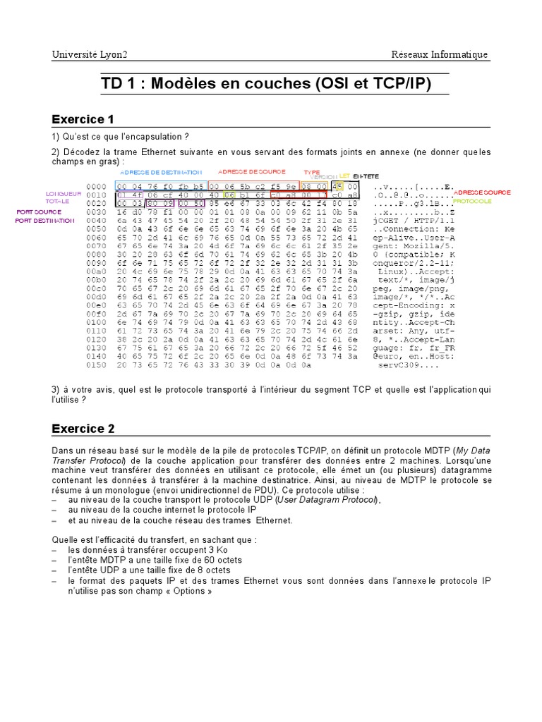 Exercice Corrigé Modele Osi Et Tcp/ip Pdf TD 1: Modèles en Couches (OSI Et TCP/IP) : Exercice 1 | PDF | Protocole de  contrôle de transmission | Ethernet