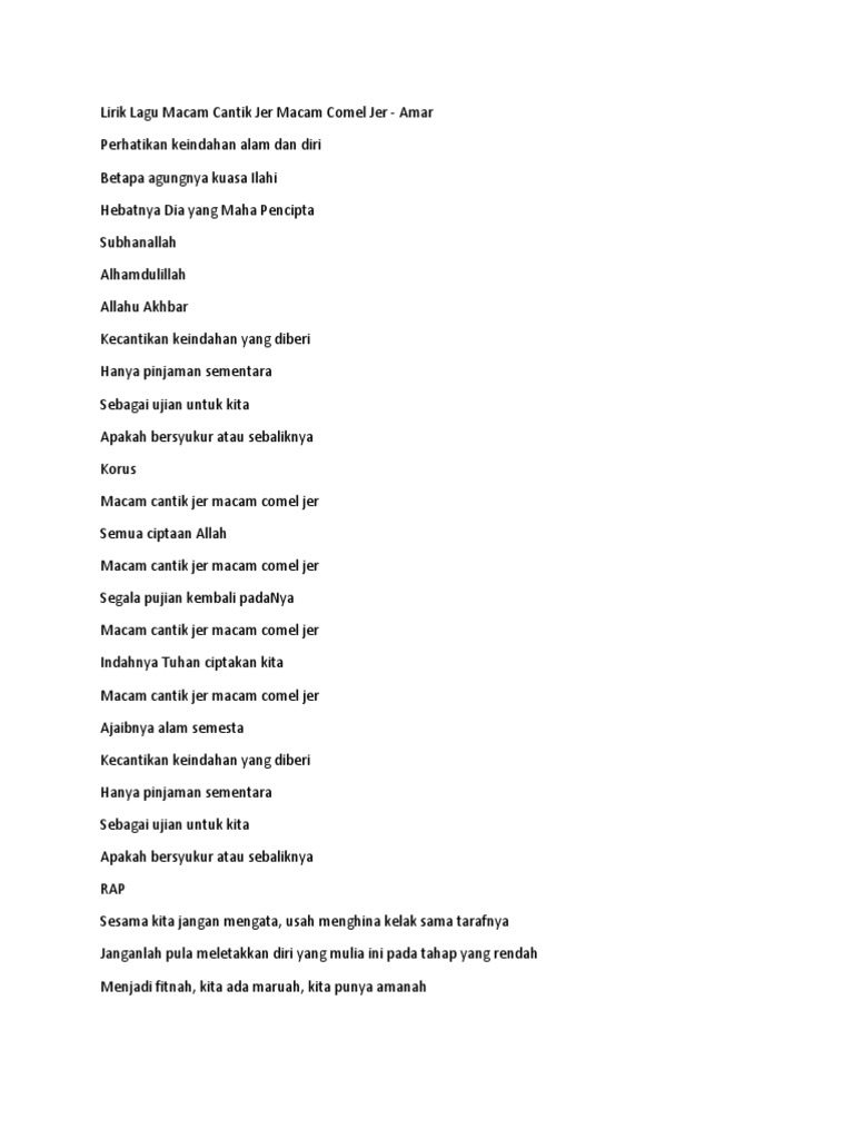 Lirik Lagu Macam Cantik Jer Macam Comel Jer