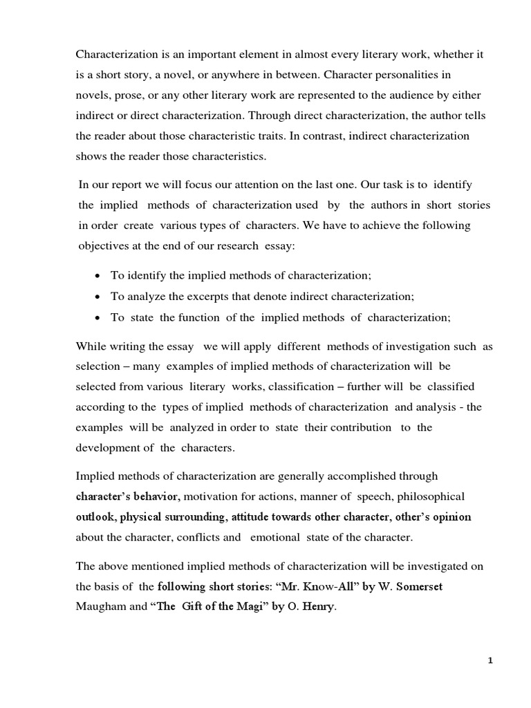 Implied Methods Of Characterization Pdf Essays Short Stories