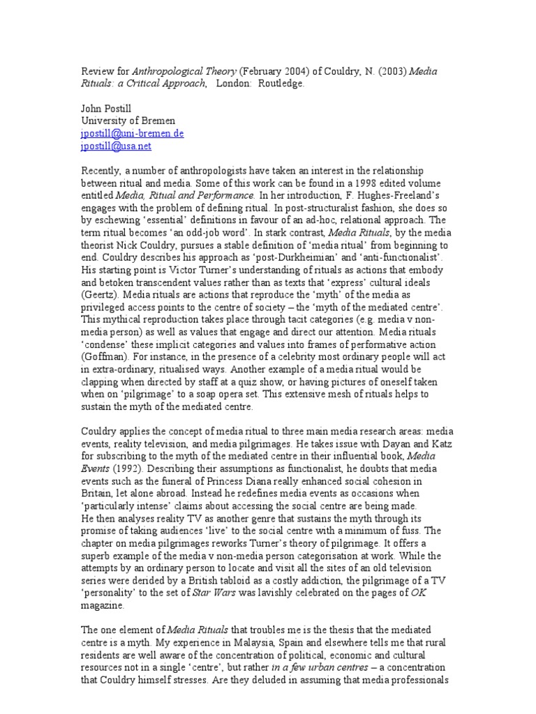 Media Rituals: A Critical Review | PDF | Rituals | Anthropology