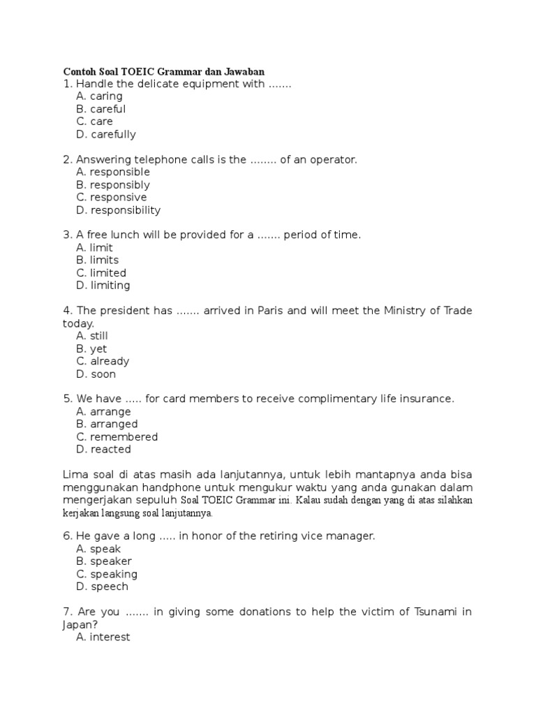 Download Soal Toeic Dan Pembaasan