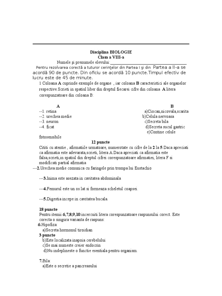 Test Initial Clasa A Viii-A Biologie | PDF