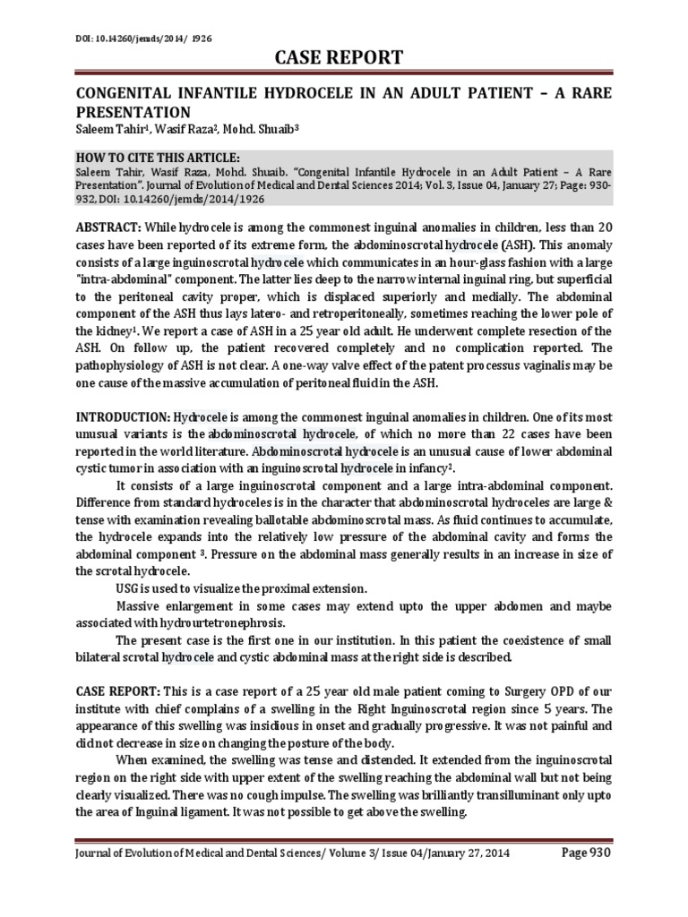 CONGENITAL INFANTILE HYDROCELE IN AN ADULT PATIENT A RARE