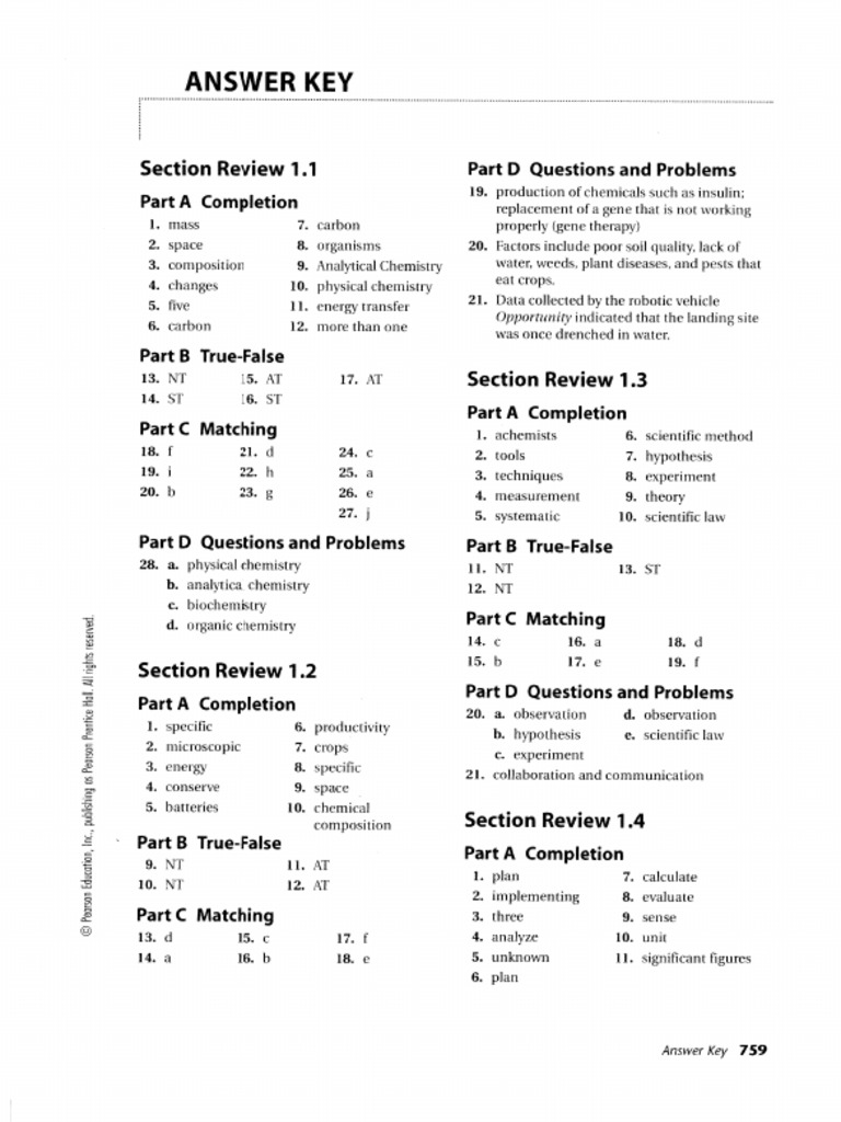 Chemistry Worksheet Answer Key