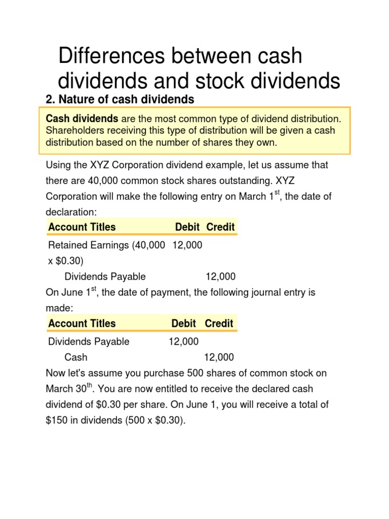 Differences Between Cash Dividends and Stock Dividends | PDF | Dividend |  Stocks
