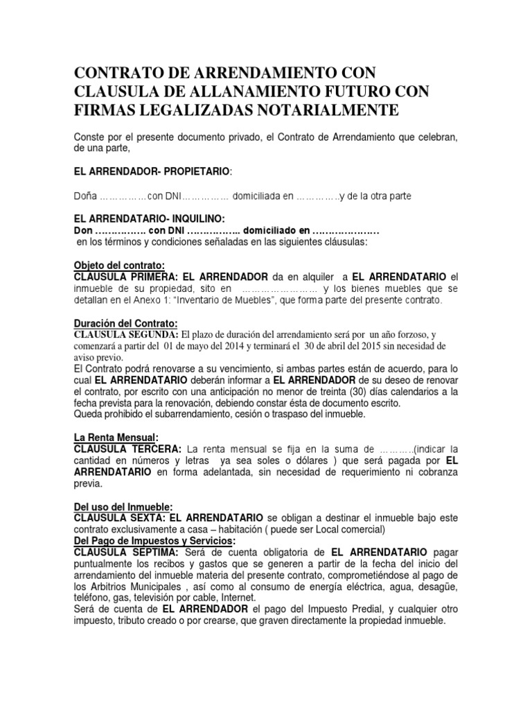 Contrato de Arrendamiento Con Clausula de Allanamiento Futuro Con