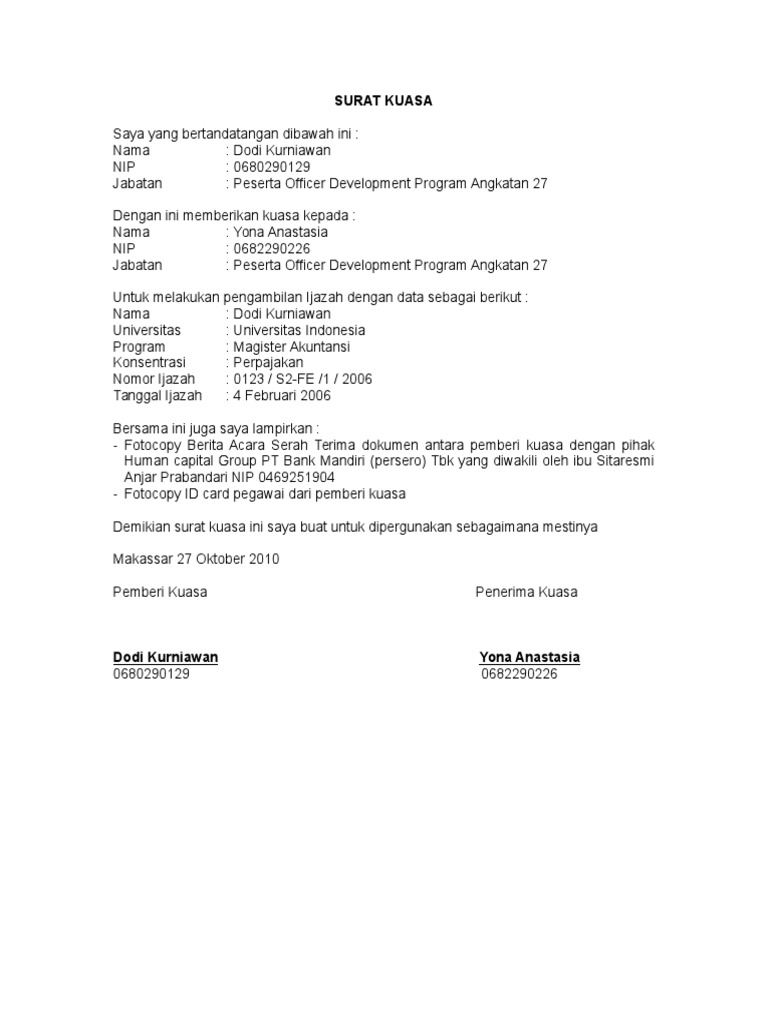 View Contoh Surat Kuasa Pengambilan Ijazah Doc Gallery