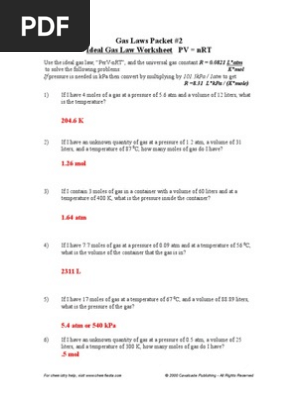 Chemistry Gas Laws Worksheet 2