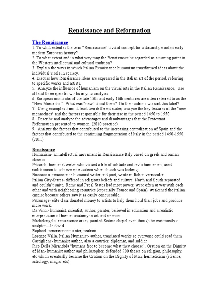 Renaissance and Reformation Overview | PDF | Protestant Reformation ...