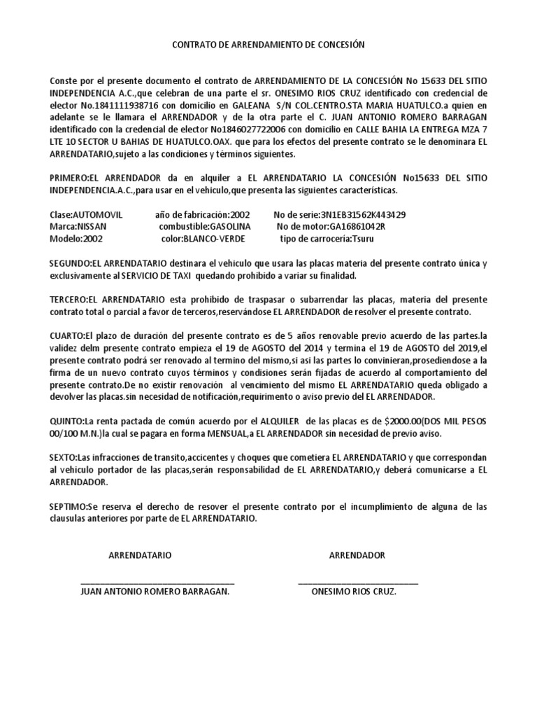 Contrato de Arrendamiento de Concesión