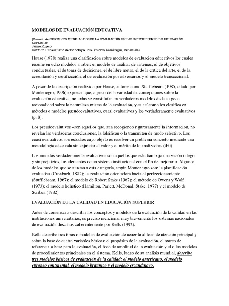 Modelos de Evaluación Educativa | PDF | Educación más alta | Evaluación